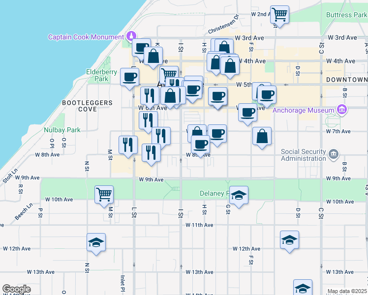 map of restaurants, bars, coffee shops, grocery stores, and more near 731 I Street in Anchorage