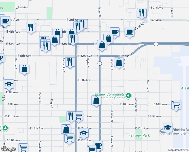 map of restaurants, bars, coffee shops, grocery stores, and more near 827 East 8th Avenue in Anchorage