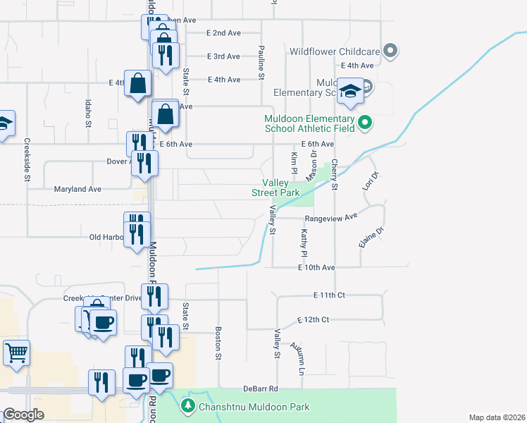 map of restaurants, bars, coffee shops, grocery stores, and more near 705 Muldoon Road in Anchorage