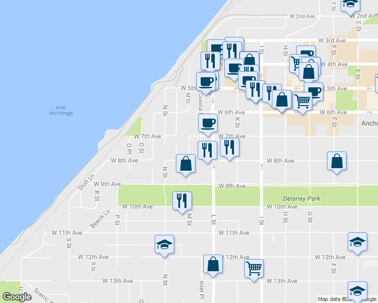 map of restaurants, bars, coffee shops, grocery stores, and more near 737 M Street in Anchorage