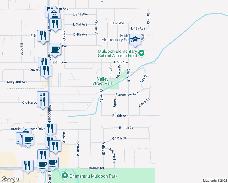 map of restaurants, bars, coffee shops, grocery stores, and more near 720 Kluane Drive in Anchorage