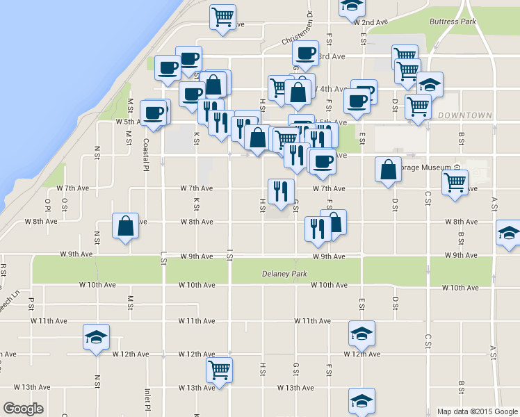 map of restaurants, bars, coffee shops, grocery stores, and more near 738 H St in Anchorage