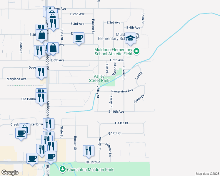map of restaurants, bars, coffee shops, grocery stores, and more near 720 Kluane Drive in Anchorage