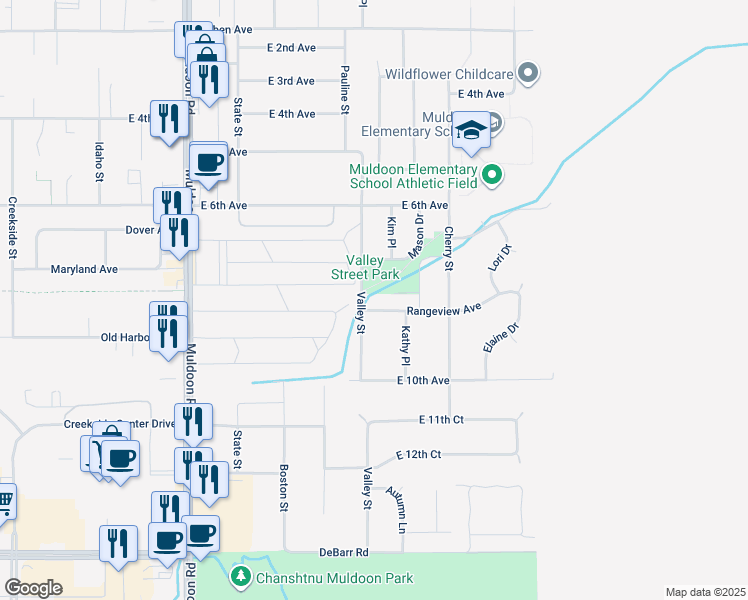 map of restaurants, bars, coffee shops, grocery stores, and more near 8301 Rangeview Avenue in Anchorage
