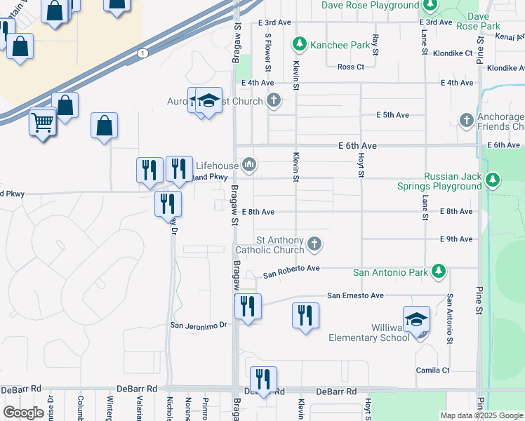 map of restaurants, bars, coffee shops, grocery stores, and more near 3941 East 8th Avenue in Anchorage