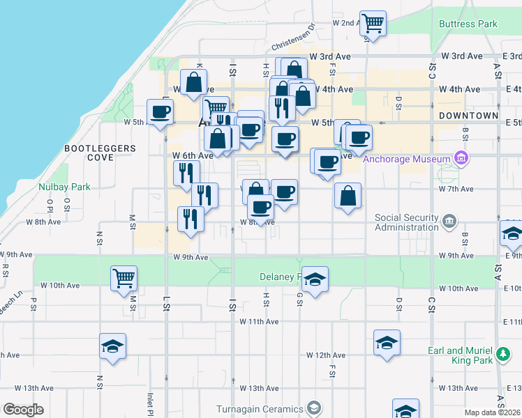 map of restaurants, bars, coffee shops, grocery stores, and more near 738 H Street in Anchorage