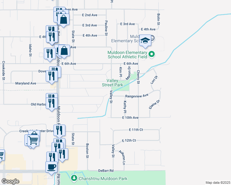 map of restaurants, bars, coffee shops, grocery stores, and more near 8301 Rangeview Avenue in Anchorage