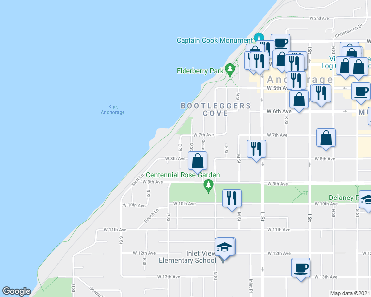 map of restaurants, bars, coffee shops, grocery stores, and more near 724 O St in Anchorage