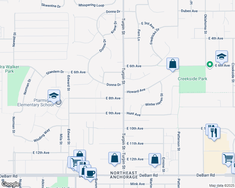 map of restaurants, bars, coffee shops, grocery stores, and more near 6631 East 8th Avenue in Anchorage