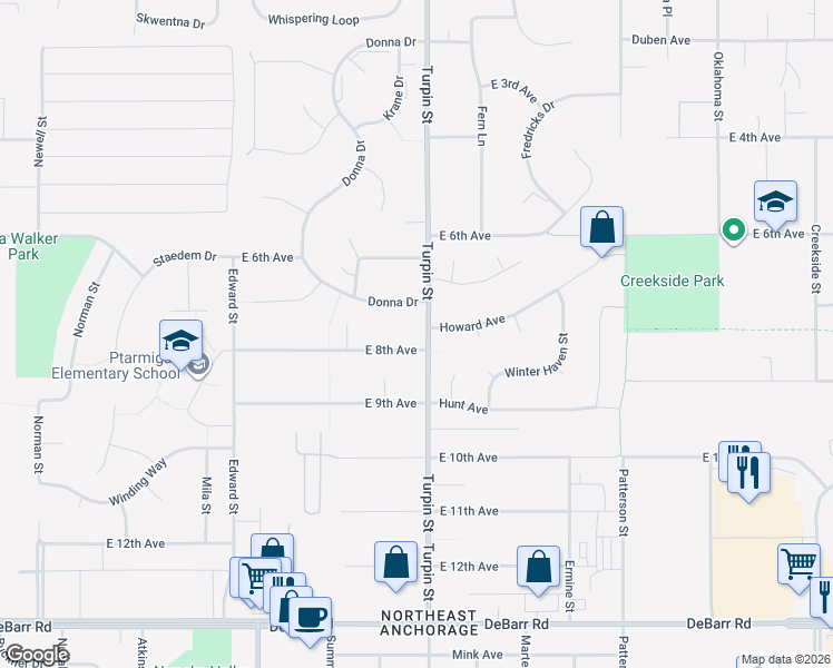 map of restaurants, bars, coffee shops, grocery stores, and more near 6631 East 8th Avenue in Anchorage