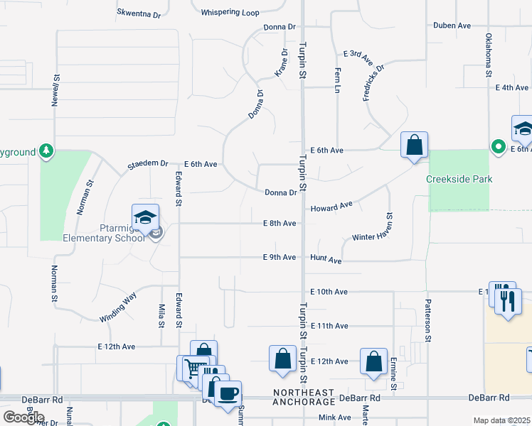 map of restaurants, bars, coffee shops, grocery stores, and more near 6541 East 8th Avenue in Anchorage