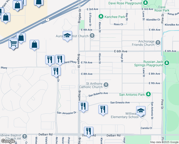 map of restaurants, bars, coffee shops, grocery stores, and more near 3941 East 8th Avenue in Anchorage