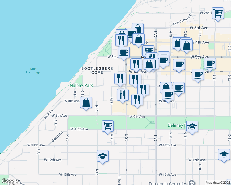 map of restaurants, bars, coffee shops, grocery stores, and more near 737 M Street in Anchorage