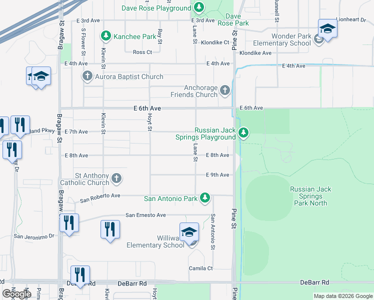 map of restaurants, bars, coffee shops, grocery stores, and more near 4437 East 8th Avenue in Anchorage