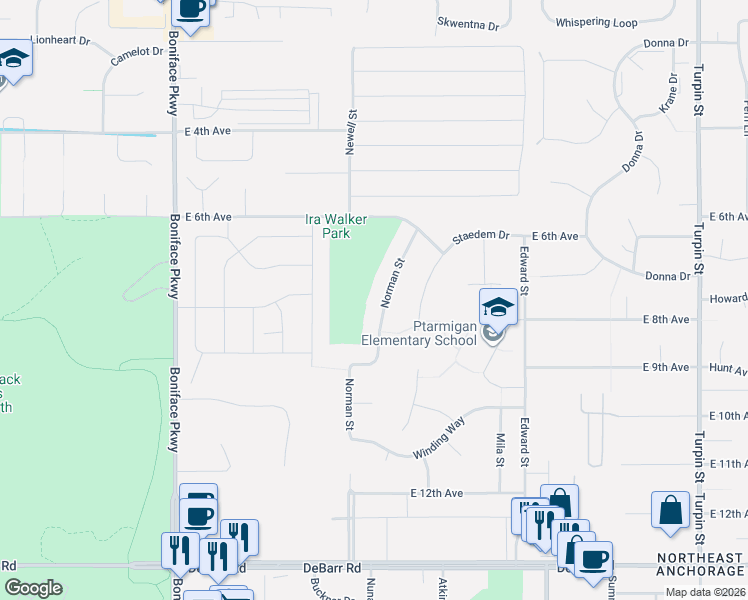map of restaurants, bars, coffee shops, grocery stores, and more near 840 Norman Street in Anchorage