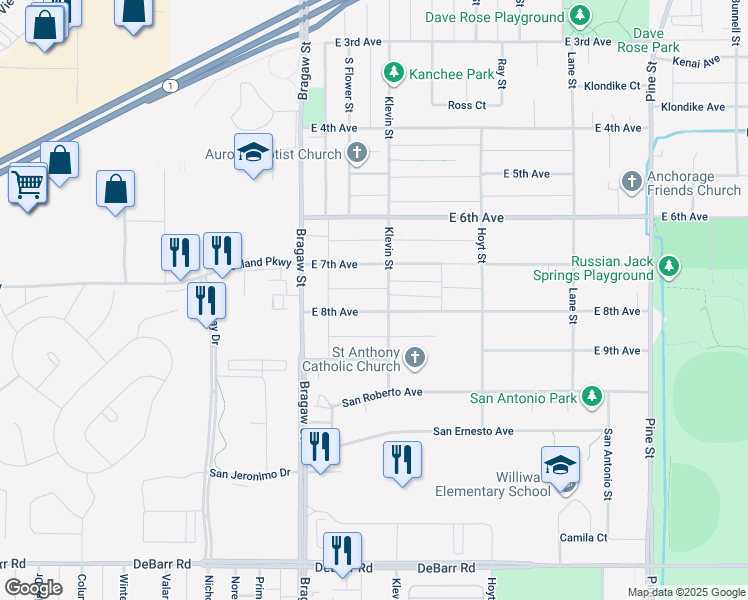 map of restaurants, bars, coffee shops, grocery stores, and more near 738 Klevin Street in Anchorage