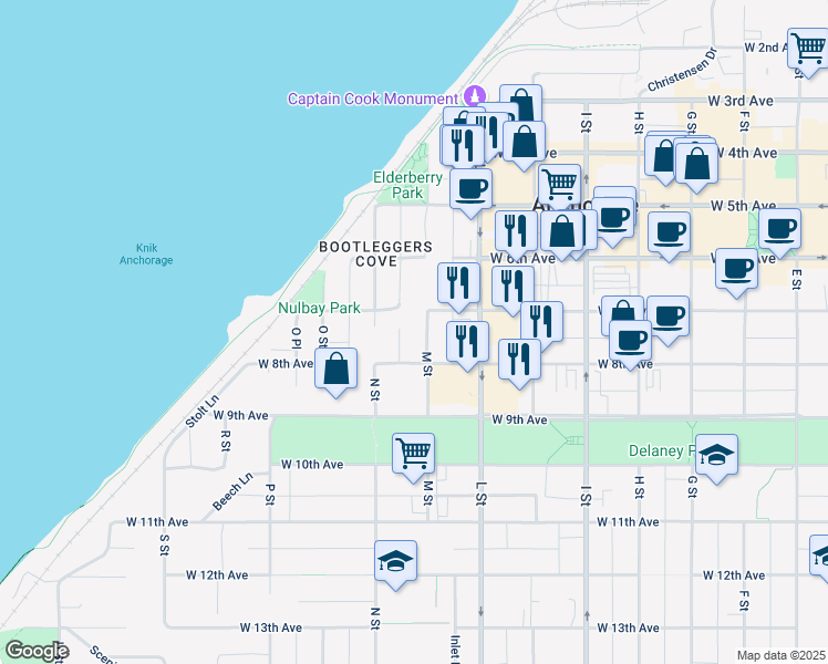 map of restaurants, bars, coffee shops, grocery stores, and more near 727 N Street in Anchorage