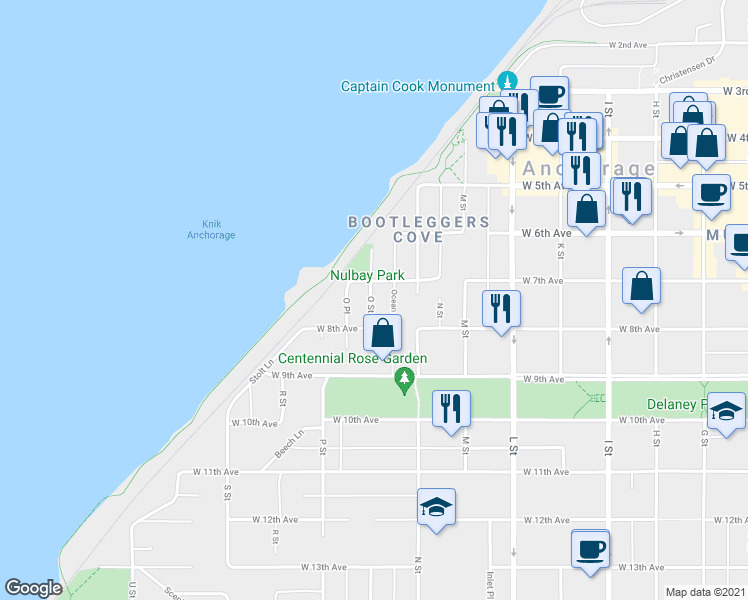 map of restaurants, bars, coffee shops, grocery stores, and more near 724 O Street in Anchorage