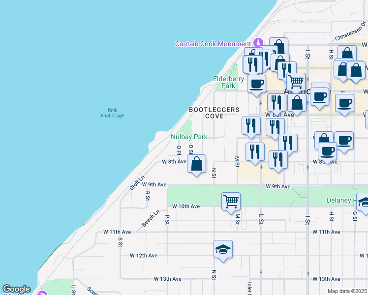 map of restaurants, bars, coffee shops, grocery stores, and more near 724 O Street in Anchorage
