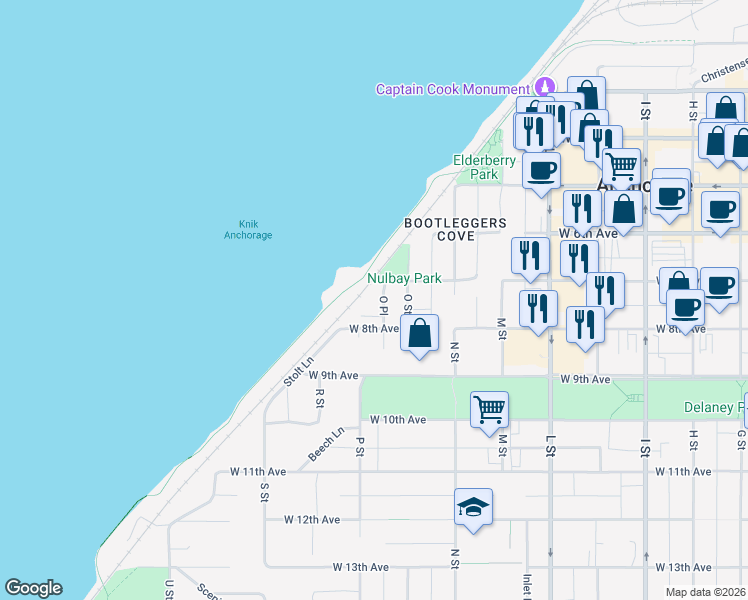 map of restaurants, bars, coffee shops, grocery stores, and more near 726 O Place in Anchorage