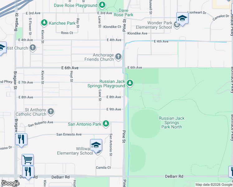 map of restaurants, bars, coffee shops, grocery stores, and more near 4613 East 8th Avenue in Anchorage