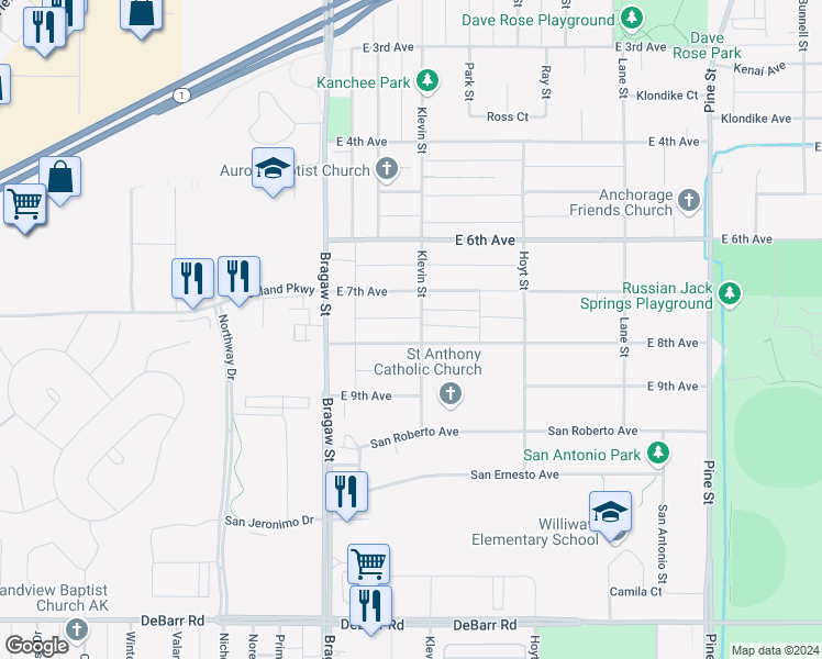 map of restaurants, bars, coffee shops, grocery stores, and more near 738 Klevin Street in Anchorage