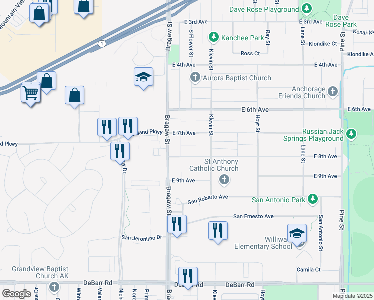 map of restaurants, bars, coffee shops, grocery stores, and more near 3933 East 8th Avenue in Anchorage