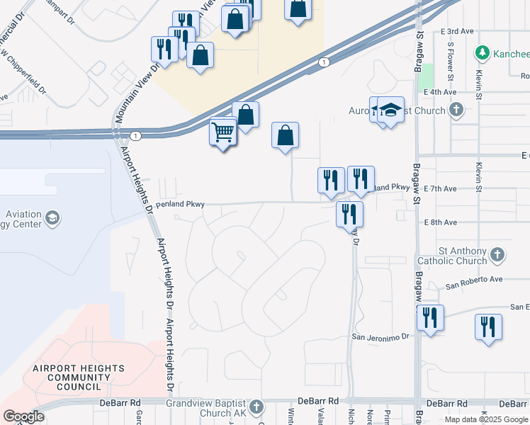 map of restaurants, bars, coffee shops, grocery stores, and more near 88 Kids Court in Anchorage