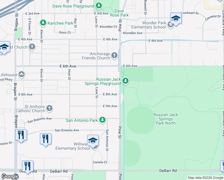 map of restaurants, bars, coffee shops, grocery stores, and more near 4613 East 8th Avenue in Anchorage