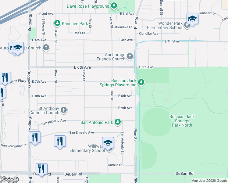 map of restaurants, bars, coffee shops, grocery stores, and more near 4516 East 8th Avenue in Anchorage