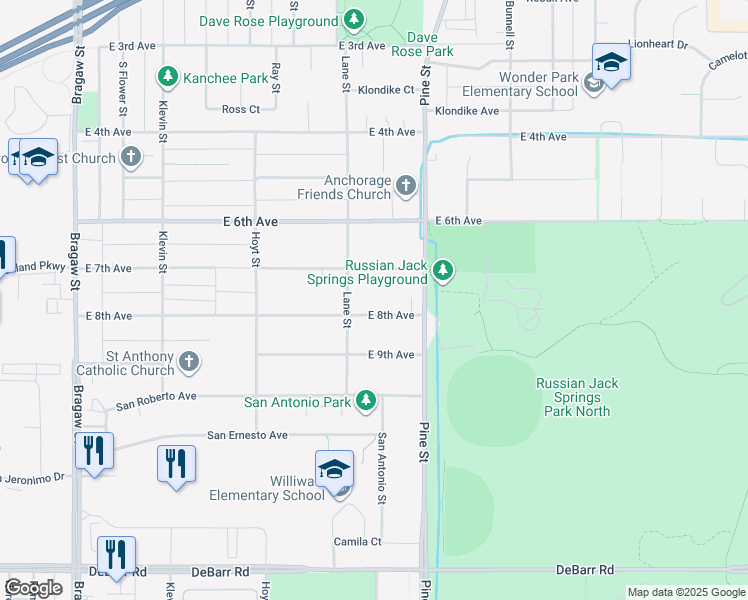 map of restaurants, bars, coffee shops, grocery stores, and more near 4516 East 8th Avenue in Anchorage