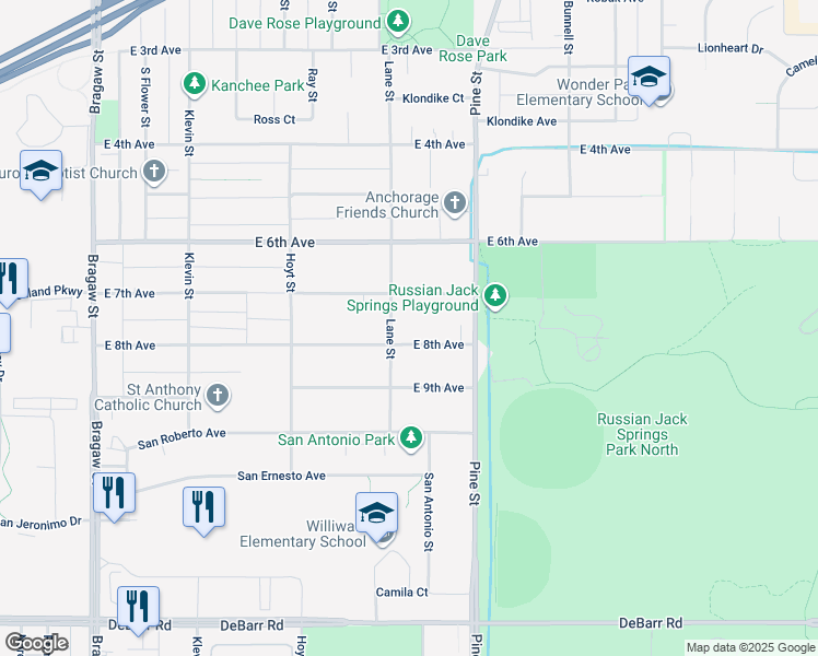 map of restaurants, bars, coffee shops, grocery stores, and more near 4516 East 8th Avenue in Anchorage