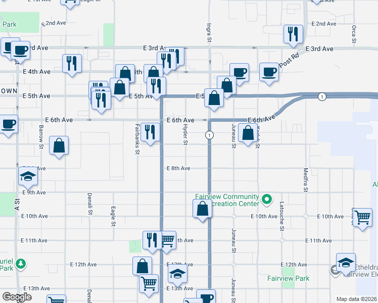 map of restaurants, bars, coffee shops, grocery stores, and more near 827 East 8th Avenue in Anchorage