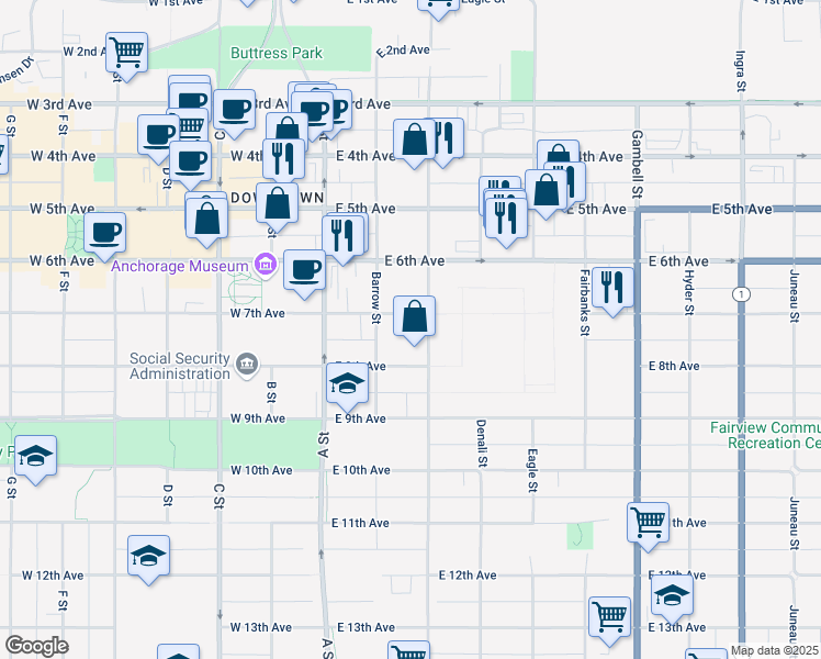 map of restaurants, bars, coffee shops, grocery stores, and more near 235 East 8th Avenue in Anchorage