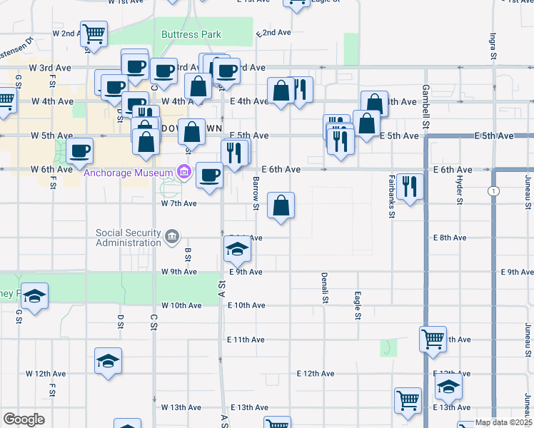 map of restaurants, bars, coffee shops, grocery stores, and more near 235 East 8th Avenue in Anchorage