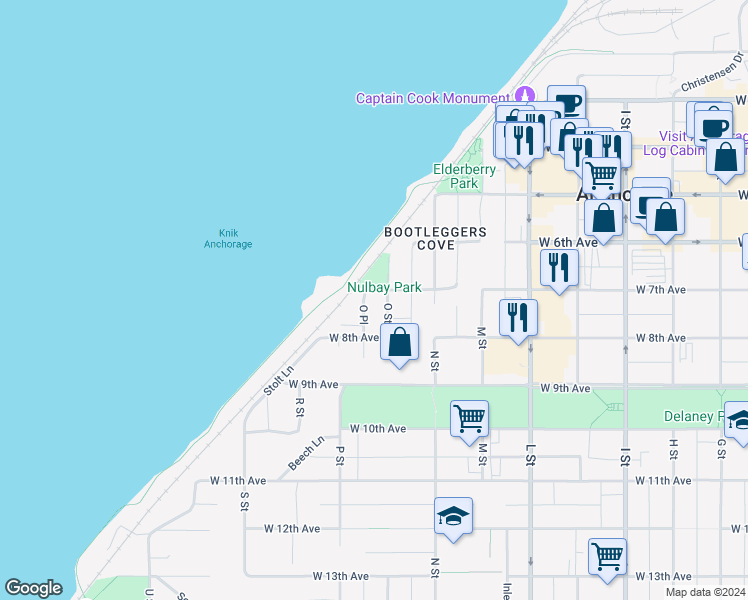 map of restaurants, bars, coffee shops, grocery stores, and more near 724 O Street in Anchorage