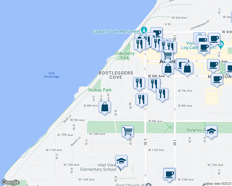 map of restaurants, bars, coffee shops, grocery stores, and more near 1300 West 7th Avenue in Anchorage