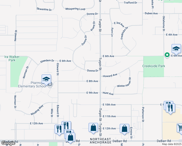 map of restaurants, bars, coffee shops, grocery stores, and more near 6631 East 8th Avenue in Anchorage