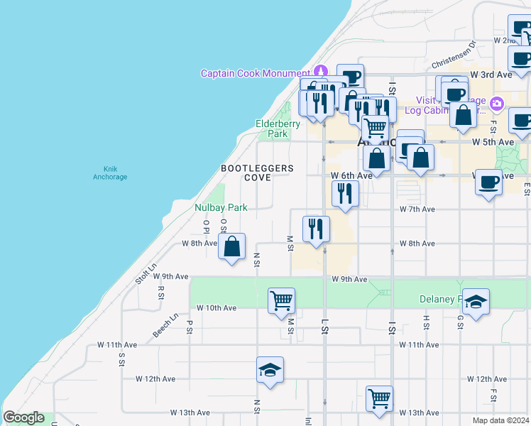 map of restaurants, bars, coffee shops, grocery stores, and more near 727 N Street in Anchorage