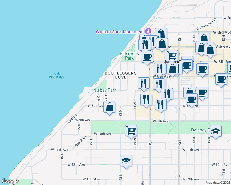 map of restaurants, bars, coffee shops, grocery stores, and more near 1300 West 7th Avenue in Anchorage