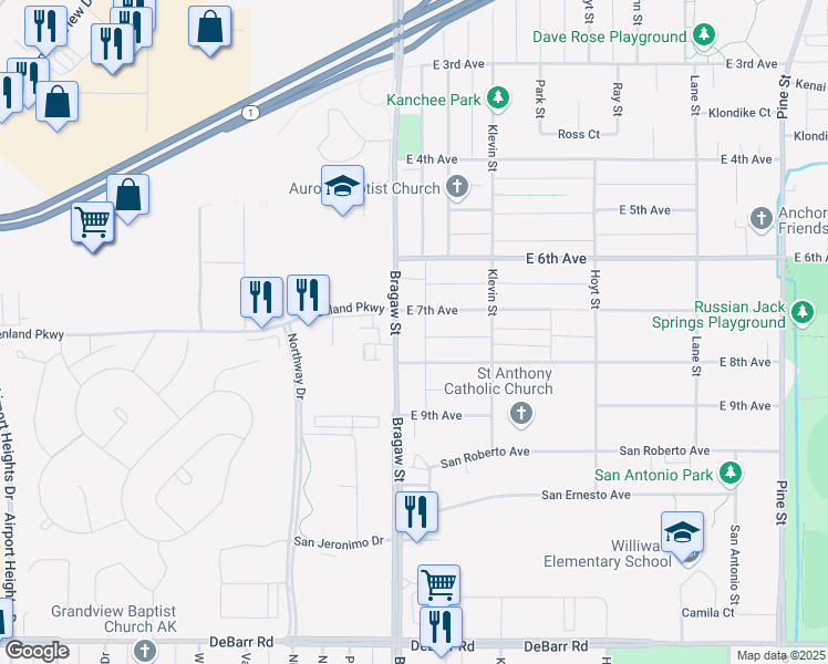 map of restaurants, bars, coffee shops, grocery stores, and more near 719 Bragaw Street in Anchorage