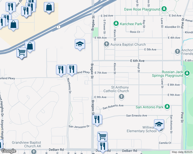 map of restaurants, bars, coffee shops, grocery stores, and more near 801 Bragaw Street in Anchorage