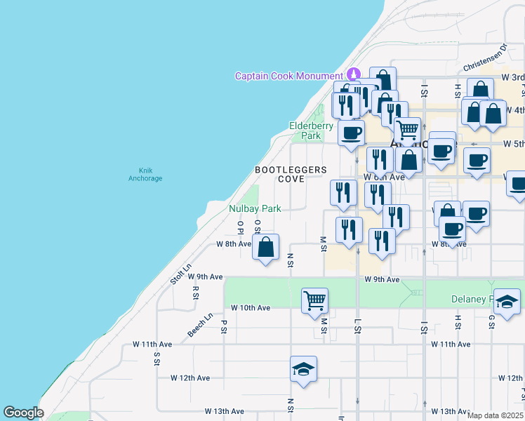 map of restaurants, bars, coffee shops, grocery stores, and more near 724 O Street in Anchorage