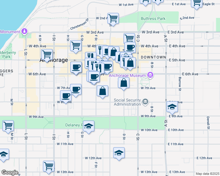 map of restaurants, bars, coffee shops, grocery stores, and more near 701 E Street in Anchorage