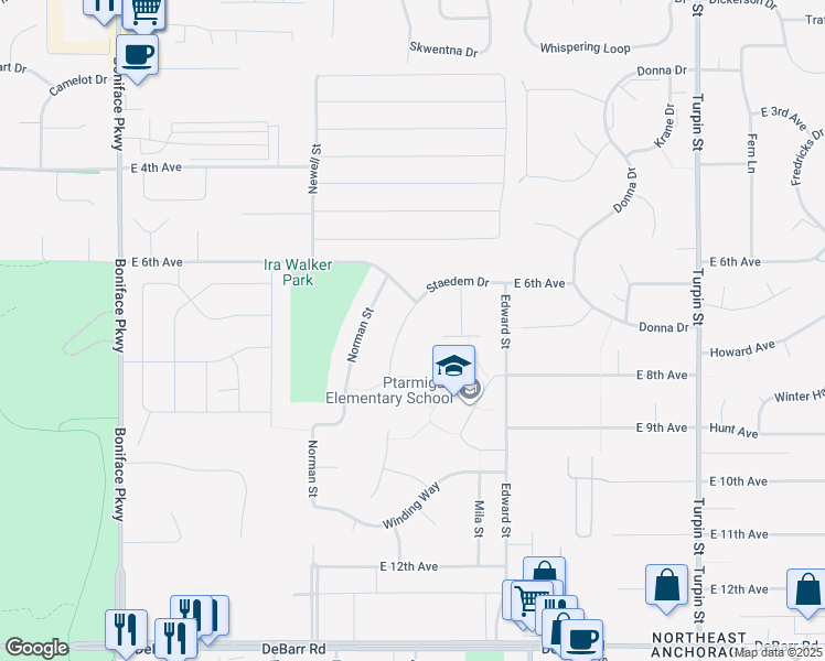 map of restaurants, bars, coffee shops, grocery stores, and more near 6034 Staedem Drive in Anchorage