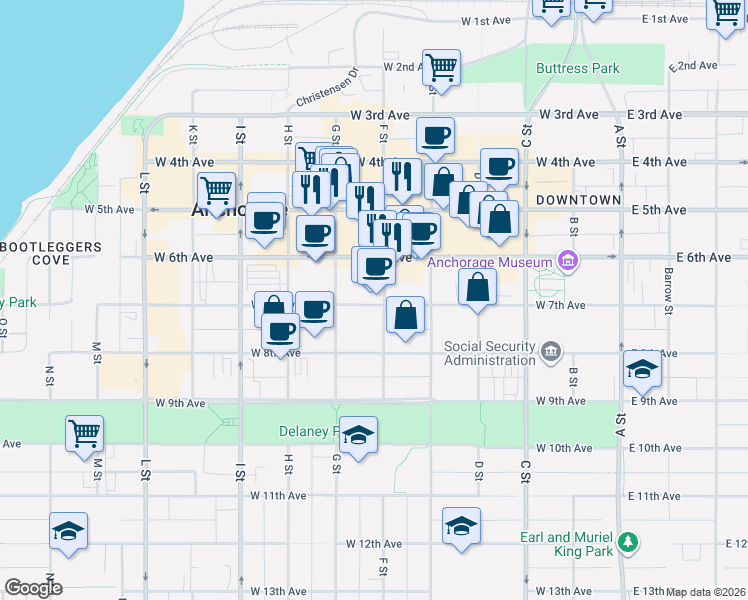 map of restaurants, bars, coffee shops, grocery stores, and more near 700-798 F Street in Anchorage