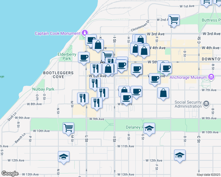 map of restaurants, bars, coffee shops, grocery stores, and more near 731 I Street in Anchorage