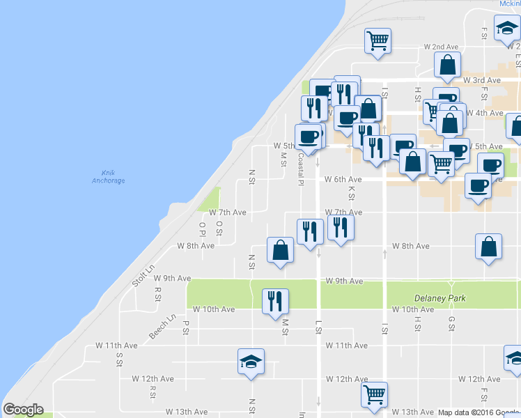 map of restaurants, bars, coffee shops, grocery stores, and more near 727 N Street in Anchorage