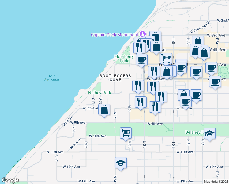 map of restaurants, bars, coffee shops, grocery stores, and more near 1300 West 7th Avenue in Anchorage