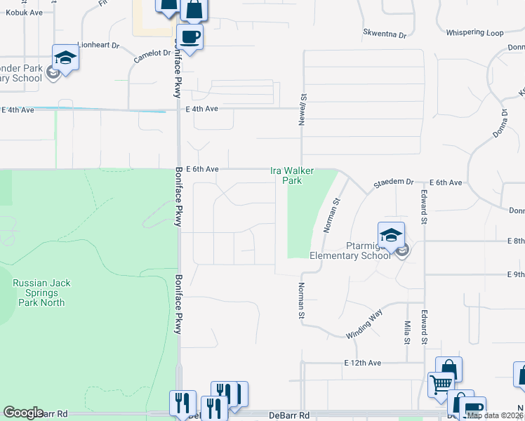 map of restaurants, bars, coffee shops, grocery stores, and more near 1001 Boniface Parkway in Anchorage